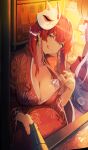  1girl :q absurdres breasts cleavage collarbone earrings fish fox_mask heterochromia highres hololive houshou_marine japanese_clothes jewelry kimono large_breasts looking_at_viewer mask mask_on_head n8_(buse1601) red_hair smile tongue tongue_out virtual_youtuber yukata 