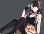  1girl absurdres bangs black_dress black_gloves black_hair black_pantyhose breasts cleavage closed_mouth cup dress drinking_glass foot_out_of_frame girls&#039;_frontline gloves gold_choker grey_background hair_ornament hairclip hand_on_floor heterochromia highres hinami047 holding holding_cup long_hair looking_at_viewer medium_breasts multicolored_hair official_alternate_costume on_floor pantyhose red_eyes ro635_(enforcer_of_the_law)_(girls&#039;_frontline) ro635_(girls&#039;_frontline) sitting skirt solo streaked_hair two-tone_dress wine_glass yellow_eyes yellow_skirt 