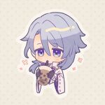  1boy arm_guards black_gloves blue_hair blush brown_background bubble_tea chibi commentary_request cropped_torso cup disposable_cup drinking drinking_straw drinking_straw_in_mouth flower_(symbol) genshin_impact gloves gold_trim hair_between_eyes hands_up holding holding_cup jacket japanese_clothes kamisato_ayato kimono koma_(km_mmmk) lapels long_sleeves male_focus medium_hair mole mole_under_mouth open_clothes open_jacket outline parted_bangs polka_dot polka_dot_background purple_eyes ribbon-trimmed_sleeves ribbon_trim simple_background solo swept_bangs upper_body white_jacket white_outline wide_sleeves 