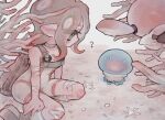  1girl 7om_x2 ? agent_8_(splatoon) bandaid bandaid_on_leg bodysuit brown_hair closed_mouth commentary_request coral floating gradient_hair grey_eyes grey_hair highres ink_tank_(splatoon) jellyfish_(splatoon) medium_hair multicolored_hair non-humanoid_robot octoling octoling_girl octoling_player_character pants pearl_drone_(splatoon) robot sitting sleeveless sleeveless_bodysuit solo splatoon_(series) splatoon_3 splatoon_3:_side_order tentacle_hair thick_eyebrows two-tone_hair white_bodysuit white_pants 