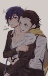  2boys bite_mark blue_eyes blue_hair blush brown_hair collarbone collared_shirt digital_media_player elut gekkoukan_high_school_uniform grey_background hair_between_eyes hair_slicked_back highres hug hug_from_behind looking_at_another male_focus mochizuki_ryouji multiple_boys parted_lips partially_unbuttoned persona persona_3 scarf school_uniform shirt short_hair sitting sitting_on_lap sitting_on_person sweatdrop upper_body yaoi yellow_scarf yuuki_makoto_(persona_3) 