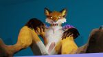 anthro canid canine chest_tuft claws clothing dark_body dark_fur epic_games fennix_(fortnite) fingerless_gloves fortnite fox fur genitals gloves handwear hi_res humanoid male mammal open_mouth pat3awelitas300 penis simple_background solo spikes teeth toe_claws tuft yellow_eyes