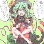  +++ 1girl barefoot between_legs black_headwear blush bow bright_pupils cat cat_between_legs check_translation cheken crossed_ankles green_background green_skirt hat hat_bow hat_ribbon kaenbyou_rin kaenbyou_rin_(cat) komeiji_koishi leg_lock light_green_hair long_hair long_sleeves looking_at_viewer motion_lines multiple_tails open_mouth red_eyes ribbon shirt skirt speech_bubble tail touhou translation_request two_tails wavy_hair white_pupils wide_sleeves yellow_bow yellow_ribbon yellow_shirt 