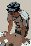  1boy akaashi_keiji black_hair bleeding blood blood_on_face chengongzi123 chinese_commentary closed_eyes closed_mouth faucet grey_background haikyuu!! highres male_focus shirt short_hair short_sleeves simple_background sink sportswear standing t-shirt translation_request upper_body very_short_hair volleyball_uniform 