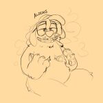 2022 anthro braces bugsnax chest_scar claws digital_media_(artwork) eyewear fritz_scratchbone_(shaibey) fur glasses grumpus hair half-closed_eyes hi_res monochrome narrowed_eyes nonbinary_(lore) scar shaibey sitting sketch smile smoke smoking solo teeth text young_horses