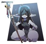  absurd_res blindfold breasts crouching female goblin hair hi_res holding_object holding_staff humanoid long_hair not_furry nuclearwasabi solo staff thick_thighs 