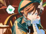  1boy aqua_eyes aqua_hair bow bowtie braid brown_hair cape elbow_on_table flower genshin_impact gradient_hair green_cape green_headwear hair_flower hair_ornament head_on_head head_rest heart indoors long_sleeves looking_at_viewer multicolored_hair on_chair sainome_(imveryfinethx) shirt sitting sleeves_past_wrists smile solo spoken_heart twin_braids upper_body venti_(genshin_impact) white_flower white_shirt 