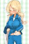  1girl alternate_hairstyle blonde_hair blue_jacket blue_pants closed_eyes clothes_lift commentary darjeeling_(girls_und_panzer) double_vertical_stripe facing_viewer frown girls_und_panzer green_background hair_down highres holding holding_clothes jacket jacket_lift jinguu_(4839ms) lifted_by_self long_hair long_sleeves loungewear messy_hair navel open_mouth panties pants panty_peek plaid plaid_background shirt sleepy solo standing toothbrush_in_mouth track_jacket track_pants underwear white_panties white_shirt 