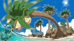  alolan_exeggutor blacknirrow blue_sky cloud commentary fangs highres island no_humans open_mouth outdoors pokemon pokemon_(creature) shellos shellos_(east) sky slug smile sun tree water 