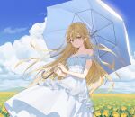  1girl bangs bare_shoulders blonde_hair blue_sky character_request cloud commentary commission copyright_request day dress earrings flower grey_eyes highres holding holding_umbrella jewelry kitada_mo long_hair looking_at_viewer off-shoulder_dress off_shoulder sky smile solo umbrella very_long_hair white_dress white_umbrella yellow_flower 