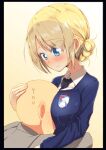  1boy 1girl bald black_border black_necktie blonde_hair blue_eyes blue_sweater blush border braid closed_mouth commentary darjeeling_(girls_und_panzer) dress_shirt emblem english_text girls_und_panzer hetero highres hug jinguu_(4839ms) long_sleeves necktie school_uniform shirt short_hair smile st._gloriana&#039;s_(emblem) st._gloriana&#039;s_school_uniform sweatdrop sweater v-neck white_shirt wing_collar 