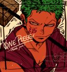  ! 1boy black_eyes closed_mouth commentary_request english_text facial_mark green_hair highres larugo0513 male_focus one_piece roronoa_zoro short_hair solo toothpick 