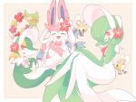  blush colored_skin comfey cutiefly dress em_ivy_akippoi fangs flower gardevoir gardevoir_(fashionable) green_hair hand_on_own_cheek hand_on_own_face hat hat_flower highres multicolored_skin open_mouth pink_eyes pink_fur pokemon pokemon_(creature) simple_background snivy sylveon two-tone_fur two-tone_skin white_dress white_headwear 