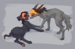  2022 4_toes black_nose black_sclera blep canid canine canis coyote digital_media_(artwork) domestic_cat duo eyebrows eyelashes feet felid feline felis feral frayvuir fur grey_body grey_fur hair hi_res mammal orange_hair paws toes tongue tongue_out 