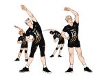  4boys arm_up black_footwear black_hair black_shirt black_shorts blonde_hair bokuto_koutarou brown_eyes chengongzi123 closed_eyes closed_mouth english_commentary facing_another facing_viewer grey_hair haikyuu!! hand_on_own_hip highres hinata_shouyou knee_pads male_focus mask mouth_mask multicolored_hair multiple_boys numai_kazuma o_o open_mouth orange_hair sakusa_kiyoomi shirt shoes short_sleeves shorts simple_background smile sportswear standing streaked_hair stretching t-shirt volleyball_uniform white_background yellow_eyes 