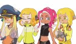  4girls agent_3_(splatoon) agent_3_(splatoon_3) agent_4_(splatoon) agent_8_(splatoon) blonde_hair braid closed_eyes closed_mouth commentary_request crop_top dark-skinned_female dark_skin eyebrow_cut gradient_hair green_jacket grey_eyes hat headphones highres inkling inkling_girl inkling_player_character jacket kinnut korean_commentary long_hair medium_hair multicolored_hair multiple_girls navel octoling octoling_girl octoling_player_character open_mouth orange_eyes peaked_cap pink_hair purple_hair red_hair simple_background single_braid smallfry_(splatoon) smile splatoon_(series) splatoon_2 splatoon_2:_octo_expansion splatoon_3 standing teeth tentacle_hair thick_eyebrows two-tone_hair v white_background yellow_jacket 