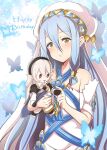  1girl azura_(fire_emblem) bare_shoulders blue_butterfly blue_hair bug butterfly character_doll closed_mouth commentary_request corrin_(female)_(fire_emblem) corrin_(fire_emblem) doll eyelashes fire_emblem fire_emblem_fates hair_between_eyes highres holding holding_doll long_hair nenemu0 red_eyes white_headwear yellow_eyes 