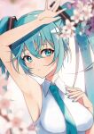  1078720951 1girl absurdres aqua_eyes aqua_hair aqua_nails aqua_necktie armpits bare_arms blurry blurry_background blurry_foreground blush cherry_blossoms closed_mouth collared_shirt commentary_request expressionless flower hair_between_eyes hand_on_own_chest hand_up hatsune_miku highres long_hair looking_at_viewer necktie pink_flower shirt sidelocks sleeveless sleeveless_shirt solo twintails vocaloid white_shirt 