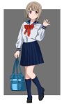  1girl bag bangs black_footwear blue_bag blue_sailor_collar blue_skirt blue_socks border bow bowtie buttons commentary dot_nose grey_background hand_up highres holding holding_bag kousuke0912 legs light_blush light_brown_hair long_sleeves looking_at_viewer love_live! love_live!_nijigasaki_high_school_idol_club nakasu_kasumi pink_eyes pleated_skirt red_bow red_bowtie sailor_collar school_uniform shirt shoes short_hair skirt smile socks solo standing standing_on_one_leg waving white_border white_shirt 