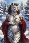 anthro bracelet breasts brown_hair clothing felid female golden_accessories green_eyes hair hi_res jewelry leopard long_hair lostgoose mammal mouth_closed navel necklace nipples outside pantherine plant red_clothing snow snow_on_fur solo standing tree