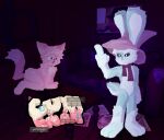 anthro blue_body blue_fur clothed clothing domestic_cat duo ear_piercing fartman_(pleskoslez) felid feline felis feral fur gesture hand_gesture hat headgear headwear lagomorph leporid male male/male mammal middle_finger nude piercing pink_body pink_fur pleskoslez plesky_(pleskoslez) rabbit roblox smile tail text white_body white_fur witch_hat