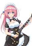  1girl absurdres alternate_costume apron bangs blue_eyes blush bocchi_the_rock! breasts cleavage commentary_request cube_hair_ornament electric_guitar enmaided flying_sweatdrops gibson_les_paul gotou_hitori guitar hair_ornament highres holding holding_instrument instrument jacket kyamu_(qqea92z9n) long_hair long_sleeves maid maid_apron maid_headdress medium_breasts nervous_smile open_mouth pink_hair puffy_short_sleeves puffy_sleeves short_sleeves simple_background smile solo sweatdrop track_jacket upper_body white_background wrist_cuffs 