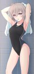  1girl ahoge bangs black_one-piece_swimsuit breasts contrapposto covered_navel feet_out_of_frame girls&#039;_frontline gotoo grey_hair highleg highleg_swimsuit highres looking_at_viewer m200_(girls&#039;_frontline) medium_breasts multicolored_clothes multicolored_swimsuit purple_eyes solo swimsuit tile_wall tiles towel towel_on_head 