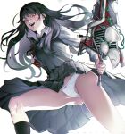 1girl absurdres black_hair chainsaw_man cross_scar dress fourth_east_high_school_uniform hashtag_only_commentary highres holding holding_sword holding_weapon looking_at_viewer panties pantyshot pinafore_dress ringed_eyes scar scar_on_cheek scar_on_face scar_on_nose school_uniform simple_background sleeveless sleeveless_dress solo sword underwear weapon white_background white_panties yoru_(chainsaw_man) 