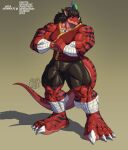 agonwolfe bandage claws clothed clothing dinosaur female humanoid invalid_tag muscular plantigrade red_body red_scales reptile scales scalie toe_claws