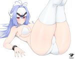  1girl android ass bare_shoulders blue_hair breasts cleavage commentary elbow_gloves expressionless forehead_protector gloves highres kaos_art kos-mos large_breasts legs_up long_hair looking_at_viewer lying on_back panties red_eyes simple_background solo thighhighs thighs underwear very_long_hair xenosaga 