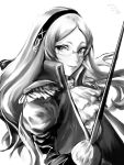  1girl 20day3 ascot dated epaulettes greyscale highres holding holding_sword holding_weapon katie_(sennen_sensou_aigis) long_hair long_sleeves monochrome puffy_long_sleeves puffy_sleeves rapier sennen_sensou_aigis solo sword upper_body weapon 