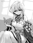  1girl bare_shoulders book breasts commentary_request dress fire_emblem fire_emblem:_genealogy_of_the_holy_war holding holding_book julia_(fire_emblem) large_breasts long_hair monochrome open_book open_mouth reading sash sitting solo wide_sleeves yukia_(firstaid0) 