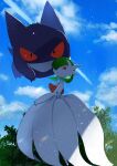  absurdres blue_sky bob_cut cloud cloudy_sky colored_skin dress gardevoir gengar ghost green_hair hair_over_one_eye highres looking_at_viewer mega_gardevoir parted_lips pokemon pokemon_(creature) red_eyes shiznar sky smile strapless strapless_dress white_dress white_skin 