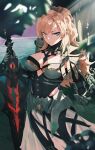  1girl armor armored_dress bangs black_dress blonde_hair blue_eyes braid breasts cheng_(pixiv5550107) cleavage crown_braid dress fate/grand_order fate_(series) faulds gauntlets highres kriemhild_(fate) large_breasts long_hair long_sleeves looking_at_viewer mole mole_under_eye pauldrons ponytail revision shoulder_armor skirt smile solo tiara white_skirt 