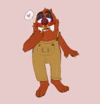 2022 anthro brown_body brown_clothing brown_fur brown_nose brown_overalls bugsnax claws clothed clothing digital_media_(artwork) facial_piercing fangs fur grumpus half-closed_eyes hand_on_face happy heart_symbol hi_res narrowed_eyes nonbinary_(lore) nose_piercing nose_ring overalls piercing purple_eyes ring_piercing shaibey sharp_teeth smile solo speech_bubble standing teeth tongue yellow_claws young_horses