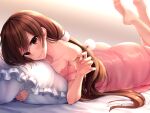  1girl asmr ass bare_shoulders barefoot blush brown_eyes brown_hair closed_mouth collarbone frilled_pillow frills guricoogen legs_up long_hair looking_at_viewer low_ponytail lying mimikaki non-web_source object_hug on_bed on_stomach original pajamas pillow pillow_grab pillow_hug pink_pajamas smile soles solo toes very_long_hair 