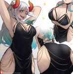  1girl arms_behind_head arms_under_breasts ass ass_focus back black_dress breasts cleavage collarbone curvy dress funi_xd gradient_hair green_hair highres hip_vent horns huge_ass large_breasts long_hair looking_at_viewer multicolored_hair one_eye_closed one_piece open_mouth solo sparkle tongue tongue_out white_background white_hair wide_hips yamato_(one_piece) yellow_eyes 