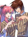  1boy 1girl blue_eyes bow brown_hair couple gundam gundam_cafe gundam_seed gundam_seed_freedom hair_bow hair_ornament hand_on_another&#039;s_waist heart heart_hands heart_hands_duo highres kira_yamato lacus_clyne long_hair looking_at_viewer matching_outfits official_alternate_costume pink_hair ponytail purple_eyes rrrisyf very_long_hair waiter waitress 