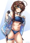  1girl ahoge arthur_ko bikini black_gloves blue_bikini blue_eyes blush braid breasts brown_hair cowboy_shot gloves groin hair_between_eyes highres jacket kantai_collection long_hair medium_breasts navel open_clothes open_jacket shigure_(kancolle) shigure_kai_san_(kancolle) single_braid solo swimsuit twitter_username 