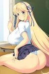  1girl ahoge ass blonde_hair blue_ribbon blush breasts chair chalkboard classroom clothes_lift desk green_eyes hair_ribbon hanzou_academy_uniform highres huge_ass huge_breasts indoors katsuragi_(senran_kagura) lindaroze long_hair looking_at_viewer looking_back miniskirt on_desk panties pleated_skirt ribbon school school_chair school_desk senran_kagura senran_kagura_shoujo-tachi_no_shin&#039;ei shiny_skin shirt short_sleeves sidelocks sitting skirt skirt_lift smile solo striped_clothes striped_panties twitter_username underwear very_long_hair w white_shirt 