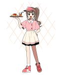  1girl :d argyle_background blue_eyes brown_hair collared_shirt dot_nose full_body hand_on_own_hip harumaru_sk high-waist_skirt highres holding holding_tray long_hair looking_at_viewer open_mouth original pink_shirt pinstripe_pattern pinstripe_shirt pleated_skirt red_footwear shirt shirt_tucked_in shoes short_sleeves side_ponytail sidelocks simple_background skirt smile sneakers socks solo tray visor_cap white_background white_skirt white_socks 