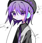  1girl collared_shirt commentary expressionless hat headphones headset looking_at_viewer mizu_(_mizuo_o) necktie purple_eyes purple_hair shirt short_hair solo tie_clip utane_uta utau 