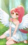  1girl angel angel_wings bare_shoulders between_legs closed_mouth commentary_request day dress feathered_wings flower forest full_body hand_between_legs highres jinno_(jin_c_kkry) long_hair looking_at_viewer nature on_grass outdoors pink_flower pink_rose ponytail pretty_series pripara red_hair ribbon rose sandals shiratama_mikan sidelocks sitting smile solo sunlight tree very_long_hair wariza white_dress white_ribbon white_wings wings yellow_eyes 