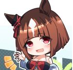  1girl animal_ears bare_shoulders breasts brown_hair ear_ornament hand_up horse_ears horse_girl large_breasts long_sleeves looking_at_viewer no_nose open_mouth red_eyes skindentation smile solo transcend_(umamusume) umamusume upper_body warashi white_hair wide_sleeves zipper 