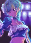  1girl backlighting blue_hair blue_shirt blunt_bangs blurry blurry_background breasts cleavage commentary_request cropped_shirt eyeshadow facial_mark green_eyeshadow green_hair hair_ornament highres idol_clothes long_hair long_sleeves looking_at_viewer makeup multicolored_hair omega_auru omega_auru_(primagista) parted_lips pink_eyes pretty_series shirt small_breasts solo stage_lights streaked_hair tsujii_ruki upper_body waccha_primagi! 