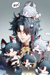  6+boys :d :o animal_ear_fluff animal_ears bandaged_arm bandages bandages_over_clothes black_gloves black_jacket blade_(honkai:_star_rail) blue_hair cat_boy cat_ears cat_tail chinese_commentary closed_eyes closed_mouth commentary_request crying dark_blue_hair earrings expressionless gloves gradient_hair grey_background guaisanmu hair_over_one_eye hand_up highres holding honkai:_star_rail honkai_(series) jacket jewelry long_hair long_sleeves looking_at_another male_focus mini_person miniboy mismatched_earrings multicolored_hair multiple_boys nyan on_head on_shoulder one_eye_covered open_mouth parted_bangs pawpads person_on_head person_on_shoulder red_eyes red_hair sidelocks simple_background sleeping smile speech_bubble stud_earrings tail tears upper_body white_hair yingxing_(honkai:_star_rail) 