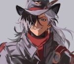  1boy black_hair black_headwear boothill_(honkai:_star_rail) earrings evil_smile gaechu hair_over_one_eye hat_feather highres honkai:_star_rail honkai_(series) jacket jewelry long_hair looking_at_viewer mole mole_under_eye multicolored_hair red_scarf scarf smile upper_body white_background white_hair 