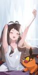  1girl absurdres brown_hair closed_eyes collarbone commentary_request highres hilda_(pokemon) indoors jeokgwang korean_commentary long_hair one_eye_closed open_mouth pokemon pokemon_(creature) pokemon_bw stretching teeth upper_teeth_only yawning 