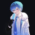  1boy black_background black_gloves blue_eyes blue_necktie blush coat collared_shirt facing_viewer food fur-trimmed_coat fur_trim gloves hair_between_eyes holding holding_food holding_popsicle kaito_(vocaloid) layered_clothes looking_at_viewer male_focus necktie open_clothes open_coat open_mouth pants popsicle project_diva_(series) shirt short_hair sidelighting snow solo standing teeth upper_body vocaloid white_pants white_shirt zhou_huan_(dgpe2833) 