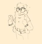 2022 anthro bracelet buckteeth bugsnax clock clothed clothing digital_media_(artwork) eyewear fan_character fanny_pack glasses grumpus hair half-closed_eyes hi_res holding_object jewelry male monochrome narrowed_eyes open_clothing open_shirt open_topwear shaibey shirt sketch smile solo standing star teeth topwear watch yellow_and_black young_horses